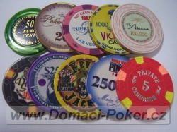 Poker žetony - ukázková sada 5-ti druhů keramických a perleťových žetonů